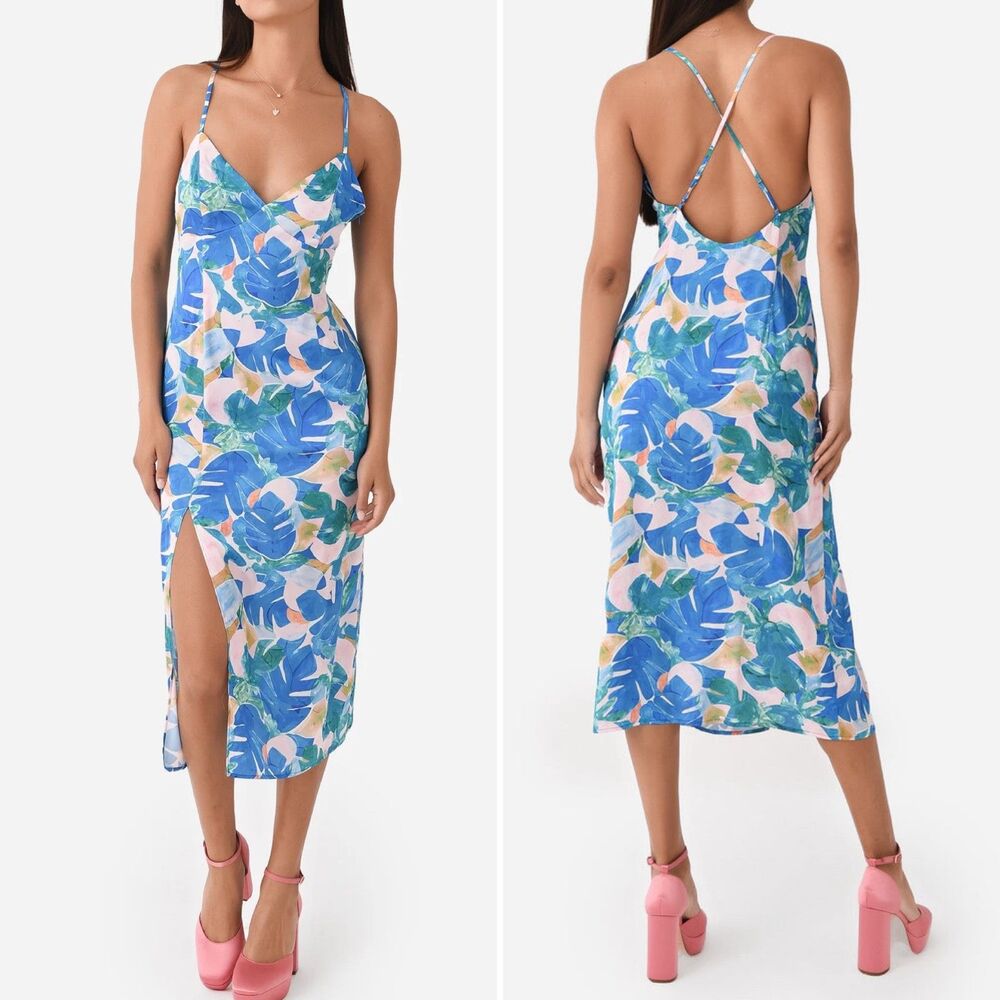 Greylin Women's XS Anis Slit Front Slip Dress Blue Tropical Floral